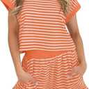 Tankaneo Womens Summer 2 Piece Sets Striped Short Sleeve T Shirts and Shorts Loungewear Matching Set (Small, Orange)