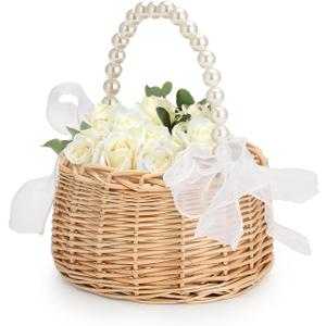 Rustic Flower Girl Basket, Canastas Para Flores, Wicker Rattan Wedding Flower Girl Baskets with Pearl Handle and Ribbon Bow for Outdoor Picnic Home Wedding Decoration (Diameter 16.5cm) (1pc)