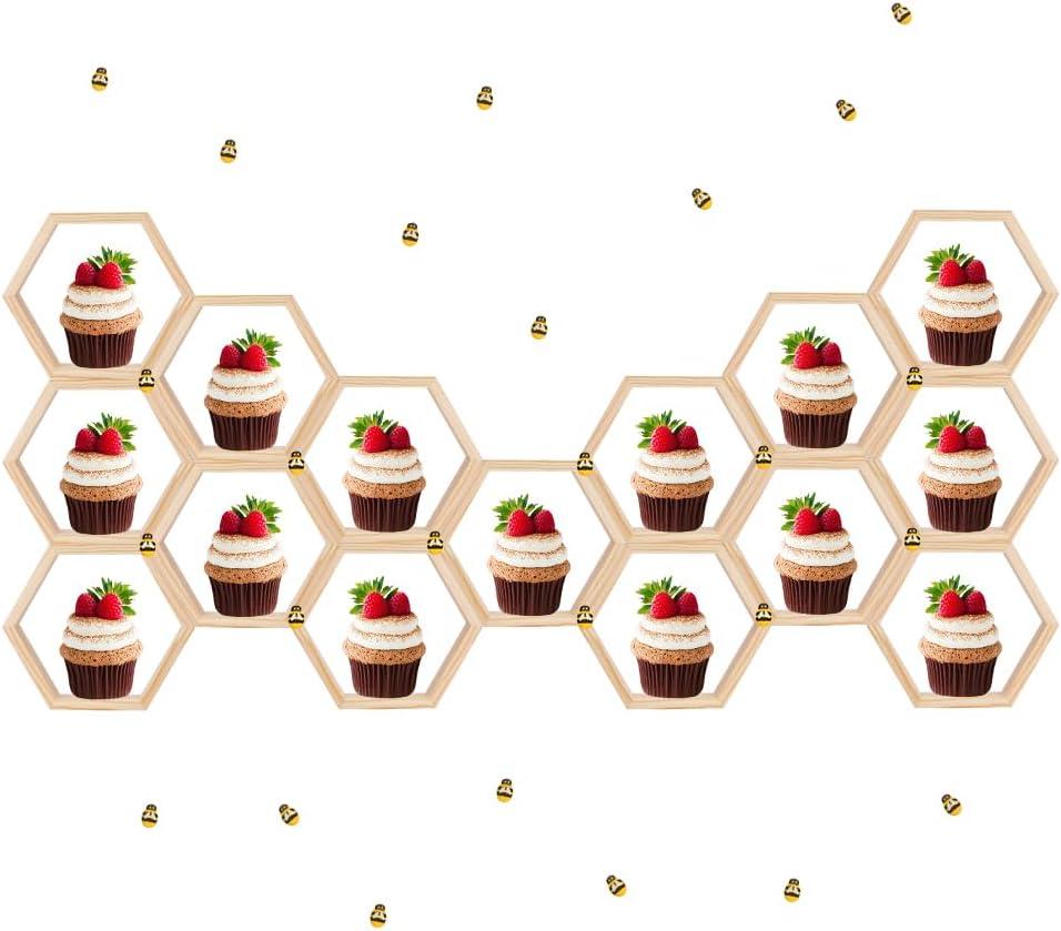 CheeFun 15 Pcs Wooden Honeycomb Cupcake Stand  Hexagon Cupcake Stand honey combs dcor with 30 pcs Tiny Bee Decorations for Bee Themed Baby Shower Birthday Party