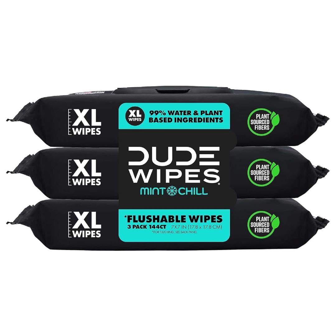 DUDE Wipes - Flushable Wipes - 3 Pack, 144 Wipes - Mint Chill Extra-Large Adult Wet Wipes - Vitamin-E, Aloe, Eucalyptus & Tea Tree Oils - Septic and Sewer Safe DUDE Wipes - Flushable Wipes - 3 Pack, 144 Wipes - Mint Chill Extra-Large Adult Wet Wipes - Vitamin-E, Aloe, Eucalyptus & Tea Tree Oils - Septic and Sewer Safe