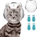 Cat Muzzle Clear Breathable for Grooming, Transparent Anti-Bite Muzzle for Bathing Nail Trimming, Astronaut Helmet with 4 Silicone Paw Protectors (Small)