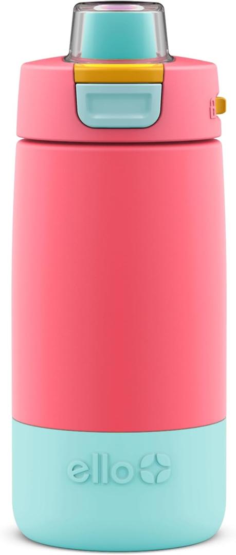 Ello Kids Colby 12oz Stainless Steel Insulated Water Bottle with Straw and Built-In Silicone Coaster Carrying Handle and Leak-Proof Locking Lid for School Backpack, Lunchbox, and Outdoor Sports (Coral/Mint)