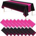 MASHAN 16Pack Disposable Plastic Party Tablecloths and Satin Table Runner Set - Black Hot Pink Dot - Wedding, Birthday, Baby Shower, Anniversary, Holiday Party Decorations