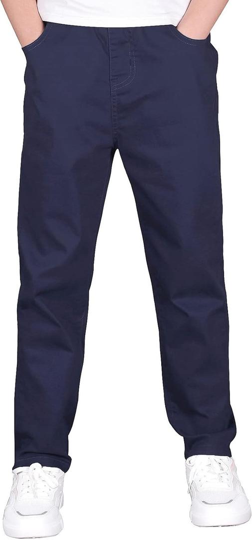 CAMLAKEE Boys' Stretch Pull on Chino Pants Kids School Uniform Yonth Twill Pants (13-14 Years, Navy Blue)