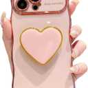 Compatible with Cute iPhone 13 Pro Max Case, Pink Wave Frame Curly Shape Phone Case with Love Heart Kickstand Raised Camera Protection Luxury Plating Shockproof TPU Protective Cover for Women Girls