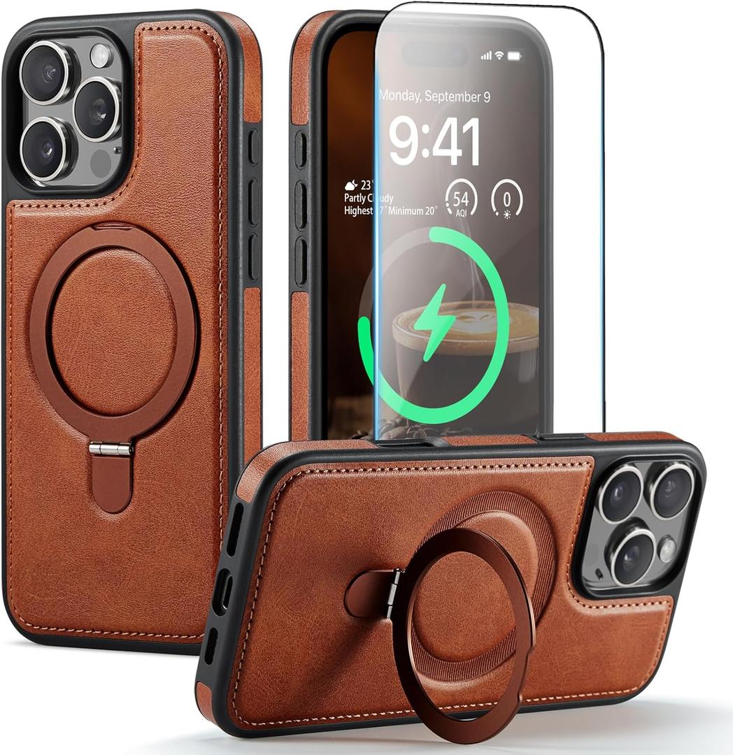 for iPhone 16 Pro Max Case with Stand Compatible with Magsafe Slim PU Leather & Rubber Drop Proof Magnetic Kickstand Protective Phone Cover with Tempered Glass Screen Protector 6.9", Brown