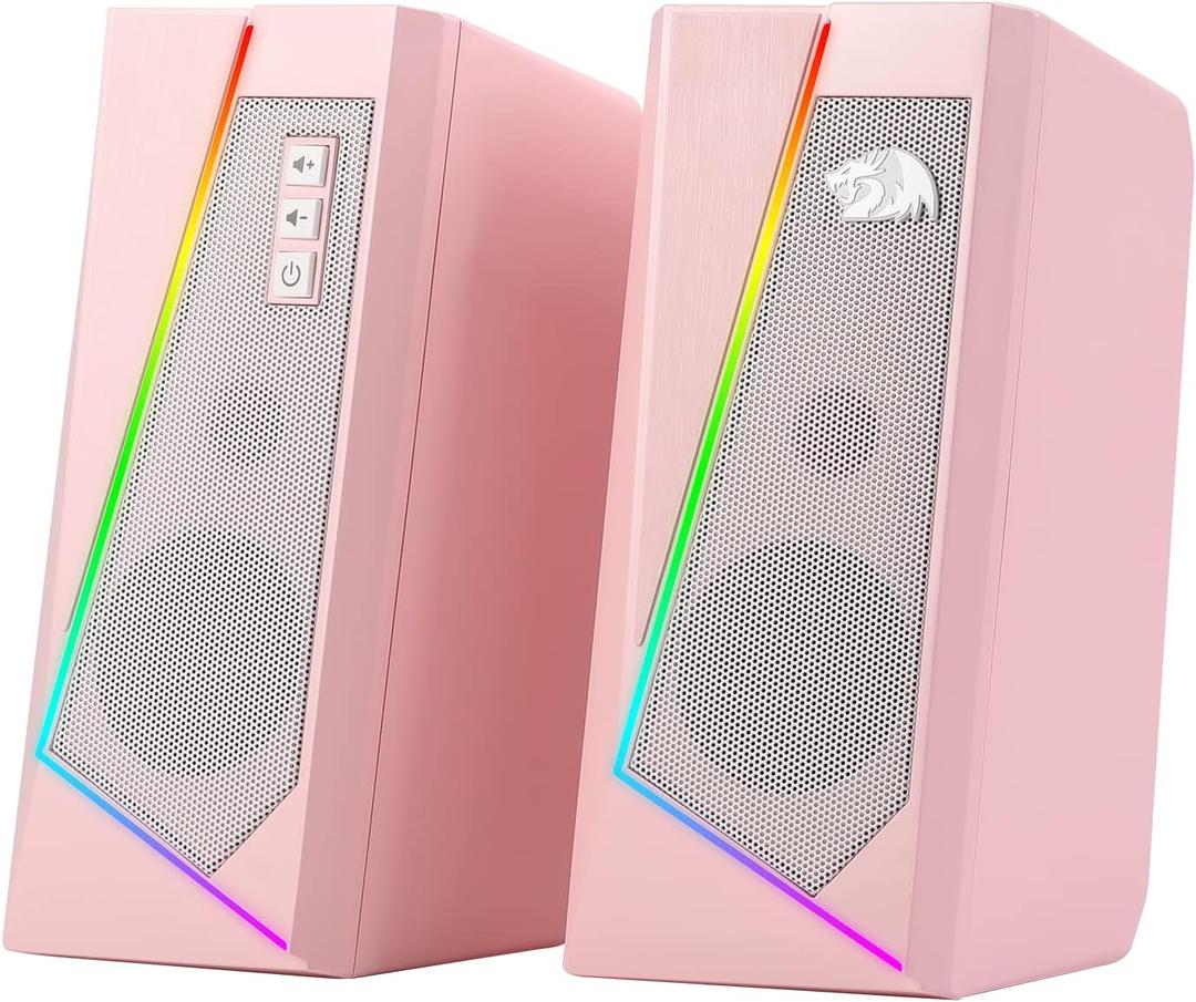 Redragon GS520 RGB Desktop Speakers, 2.0 Channel PC Computer Stereo Speaker with 6 Colorful LED Modes, Enhanced Sound and Easy-Access Volume Control, USB Powered w/ 3.5mm Cable, Pink