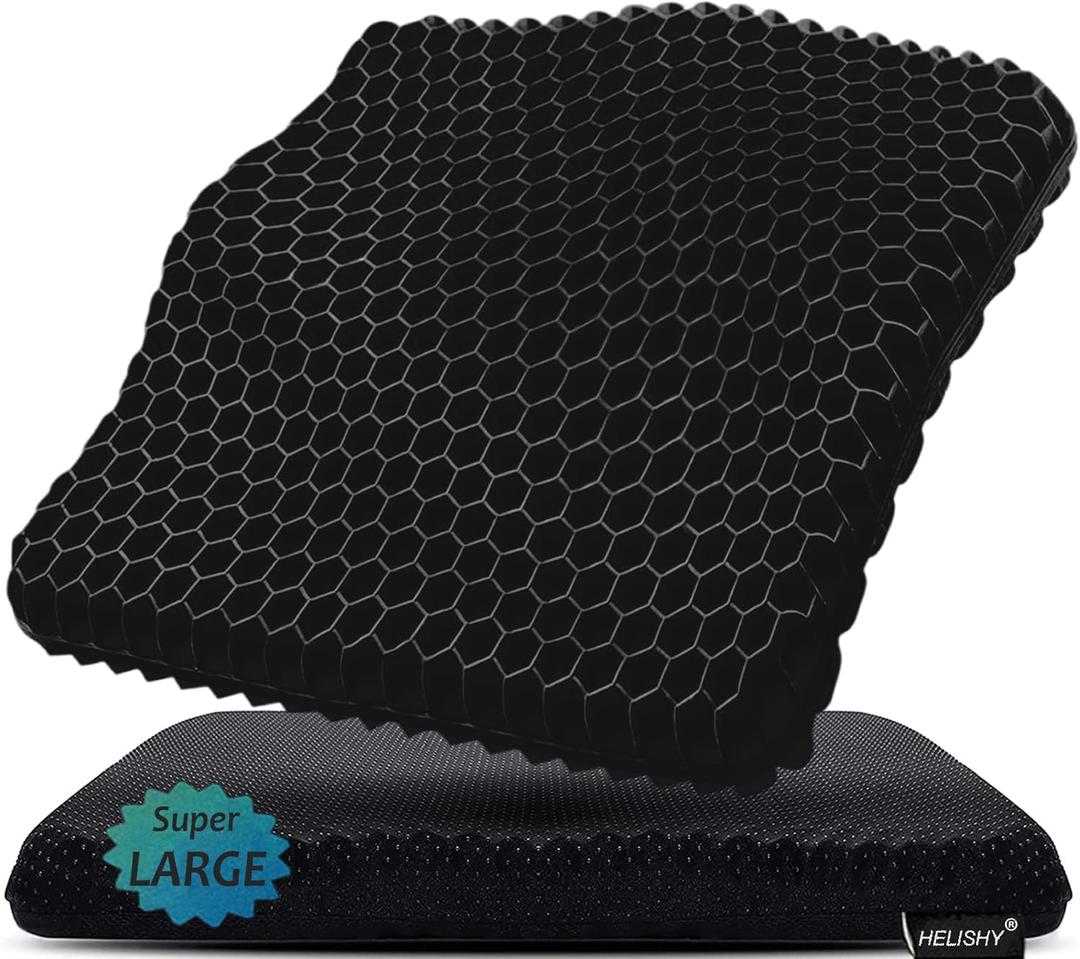 Helishy Gel Seat Cushion for Long Sitting Pressure Relief (Super Large&Thick) - Wheelchair Cushion for Pressure Sores, Coccyx, Sciatica, Back Pain Relief - Non-Slip Butt Pillow for Office, Home, Car (Black)