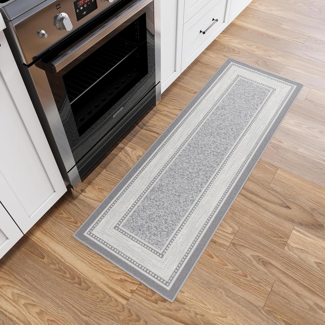 Ottomanson Kitchen Runner Rug 20" x 53" Non Slip Rubber Backed Kitchen Rug Runner for Sink Area, Laundry Room, Entryway, Low Pile Indoor Floor Runner, Border Light Gray, 1'8" x 4'11"