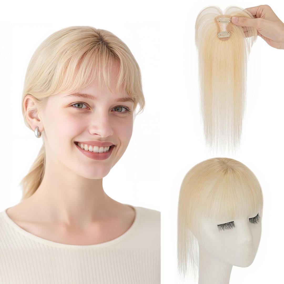 SEGO Clip in Bangs Real Human Hair, 360°3D Cover Wispy Bangs Topper Hair pieces for Women With Thinning Hair -613 Blonde
 Model:H24-613#