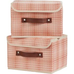 2PCS Storage Boxes with Lid 3D Textured Fabric Storage Bins Closet Organizer Containers Decorative Collapsible Washable Shelf Baskets with Faux Leather Handles (Light Salmon, Small Size)