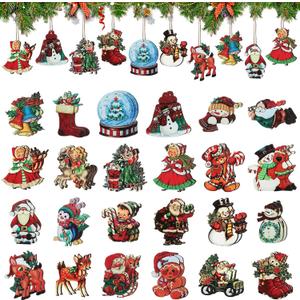 48Pcs Christmas Wooden Ornaments Vintage Christmas Hanging Ornaments Decorations for Xmas Tree Farmhouse Wreaths Wood Cutouts Tags with Ropes Holiday Winter Decoration