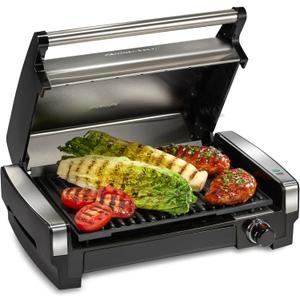 Hamilton Beach Electric Indoor Searing Grill with Adjustable Temperature Control to 450°F, 118 sq. in. Surface Serves 6, PFAS-Free Removable Nonstick Grate, Stainless Steel (25360)