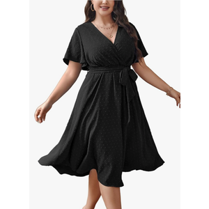 SCOMCHIC Womens Plus Size Wedding Guest Cocktail Midi Dress Summer Short Sleeve Wrap V Neck Belted A-Line Flowy Dress, 2XL