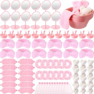 Honeydak 96 Pcs 12 Set Spa Party Favors for Girls Women Pink Sleepover Party Supplies Bulk Face Mask Bowl Set Mirror Headband Scrunchies Face Wash Cloths Basin Eye Mask for Wedding Bridal Shower Spa