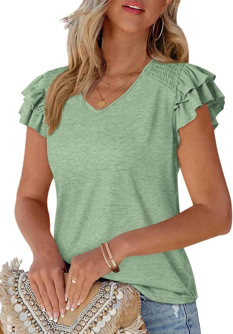 PRETTYGARDEN Summer Tops for Women 2026 Spring Trendy Fashion Clothes Casual Ruffle V Neck Short Sleeve Shirts Blouses (X-Large, Green)