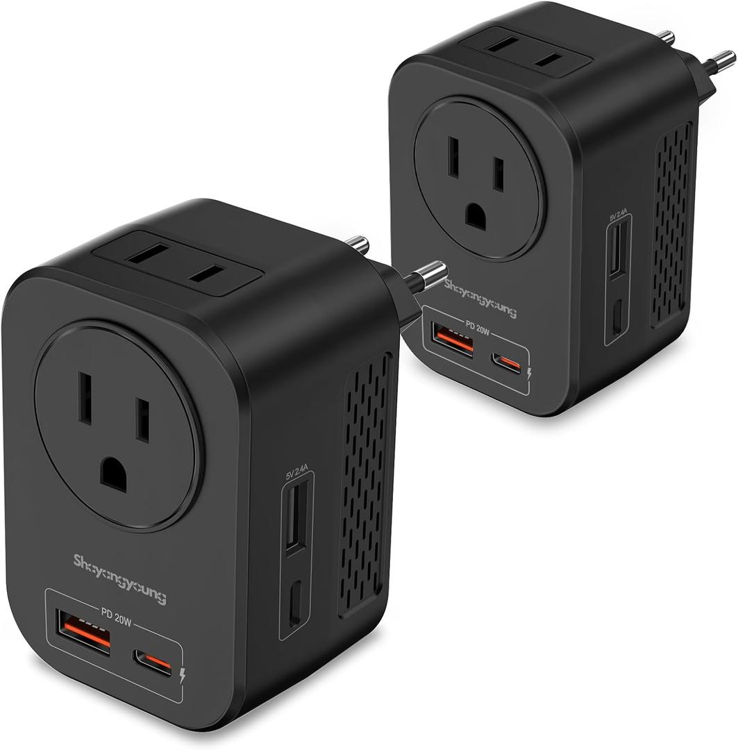 220V to 110V 20W PD Voltage Converter US to Europe International Universal Travel Adapter with 2 USB A 2 Type-C Port Worldwide Power Converters