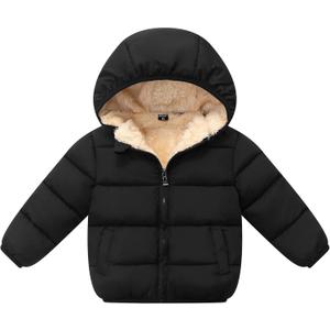 Kimjun Toddler Baby Hooded Puffer Jacket Boys Girls Kids Thicken Warm Winter Coat Fleece Outerwear Black 80
