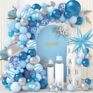 150Pcs Blue Balloon Arch Garland Kit, Boy Baby Shower Decorations Light Pastel Baby Blue Balloons Star Confetti Balloon for Bridal Shower Gender Reveal Elephant Birthday Graduation Party Supplies