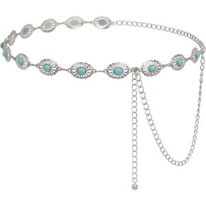LEACOOLKEY Women Turquoise Concho Chain Waist Belt Silver Western Cowgirl Metal Chain Belt for Dress Adjustable (Fit for Waist up to 34")