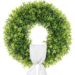 22 Inch Artificial Boxwood Wreaths for Front Door, Summer Door Wreath with Sash, Spring Green Wreath Weatherproof for Wall Window Porch Farmhouse Wedding Decor All Year Round Indoor Outdoor