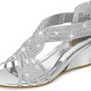 PIZZ ANNU Women's Diana Low Wedge Sandals Sparkly Rhinestone Open Toe Fashion Dress Shoes for Woman Lady in Bridal Dance Evening, Silver Patent 7