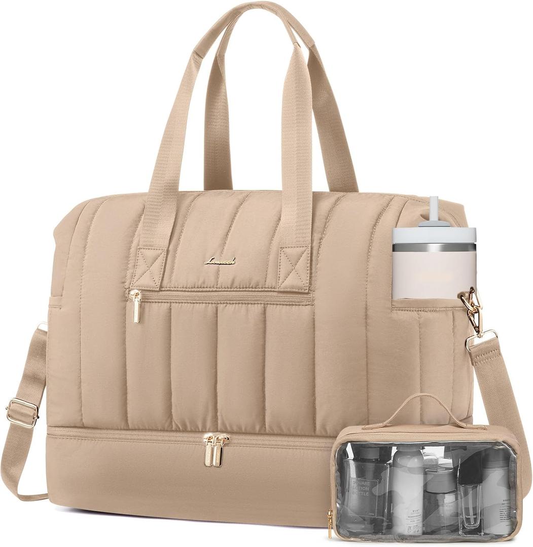 LOVEVOOK Travel Duffle Bag,Puffer Weekender Bags For Women with Shoe Compartment,42L Carry On Duffel Bags For Airplanes,Hospital Bag for Labor and Delivery,Overnight Bsg With Toiletry,2Pcs Set (Khaki)