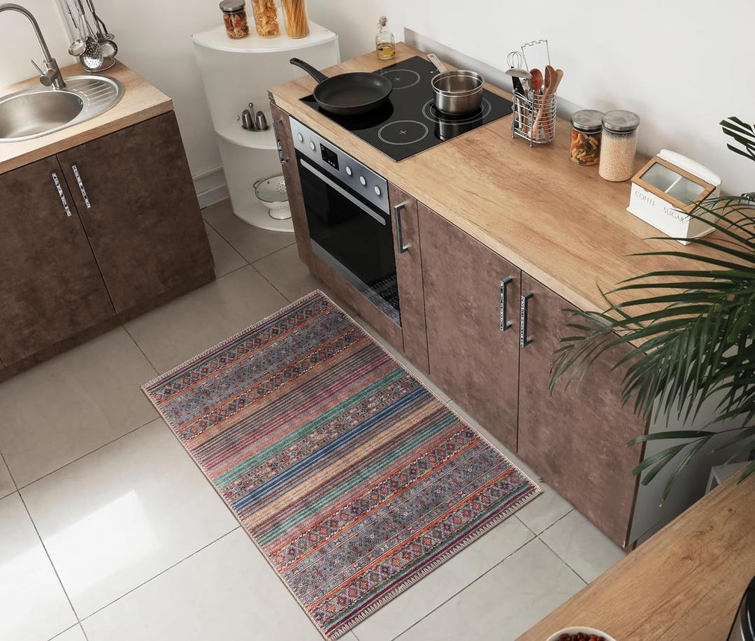Keen Home Design 2x3 Rug - Machine Washable Entry Rug with Non-Slip Backing, Ideal for Enteryway, Kitchen, Bathroom, Laundry Room - Vintage, Easy Clean, Durable, Low Pile Rug - (2' x 3') (Grey/Multi)