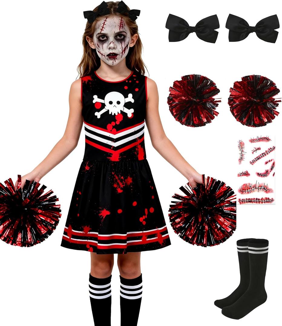 Cheerleader Dress Costume For Girl Full Set Dress Halloween Accessories (6-7T, Black Red)