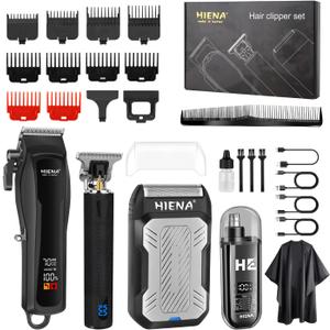 HIENA PRO Cordless Hair Clippers for Men, Professional Barber Kit - Beard Trimmer, Aluminum Foil Shaver, Nose Trimmer, 10 Limit Combs - Fast Charge, Smart LED Display (Clippers/Trimmer)