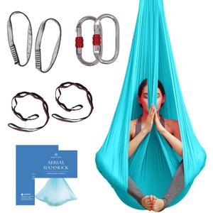 Aerial Silk Yoga Hammock & Swing for Home, Inversion Exercises, Starter Kit for All Levels - Durable with Extension Straps, Carabiners, and Pose Guide (4.5 yards, Sky-Blue)