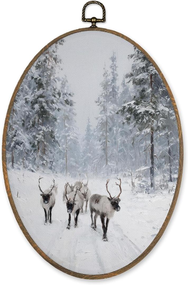 LKETW Winter Reindeer Oval Wall Art Decor, Rustic Winter Elk Deer Oval Canvas Hanging Decor, Retro Farmhouse Forest Reindeer Wall Decorations for Home Living Room Bedroom, 8.6x11.4 Inch