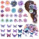 33 Pieces Flower Clip with Butterfly Clip Set Handmade Rose Hair pins Bride Hair Claw Clips Colorful Butterfly Barrettes for Women Girls(Blue Purple)