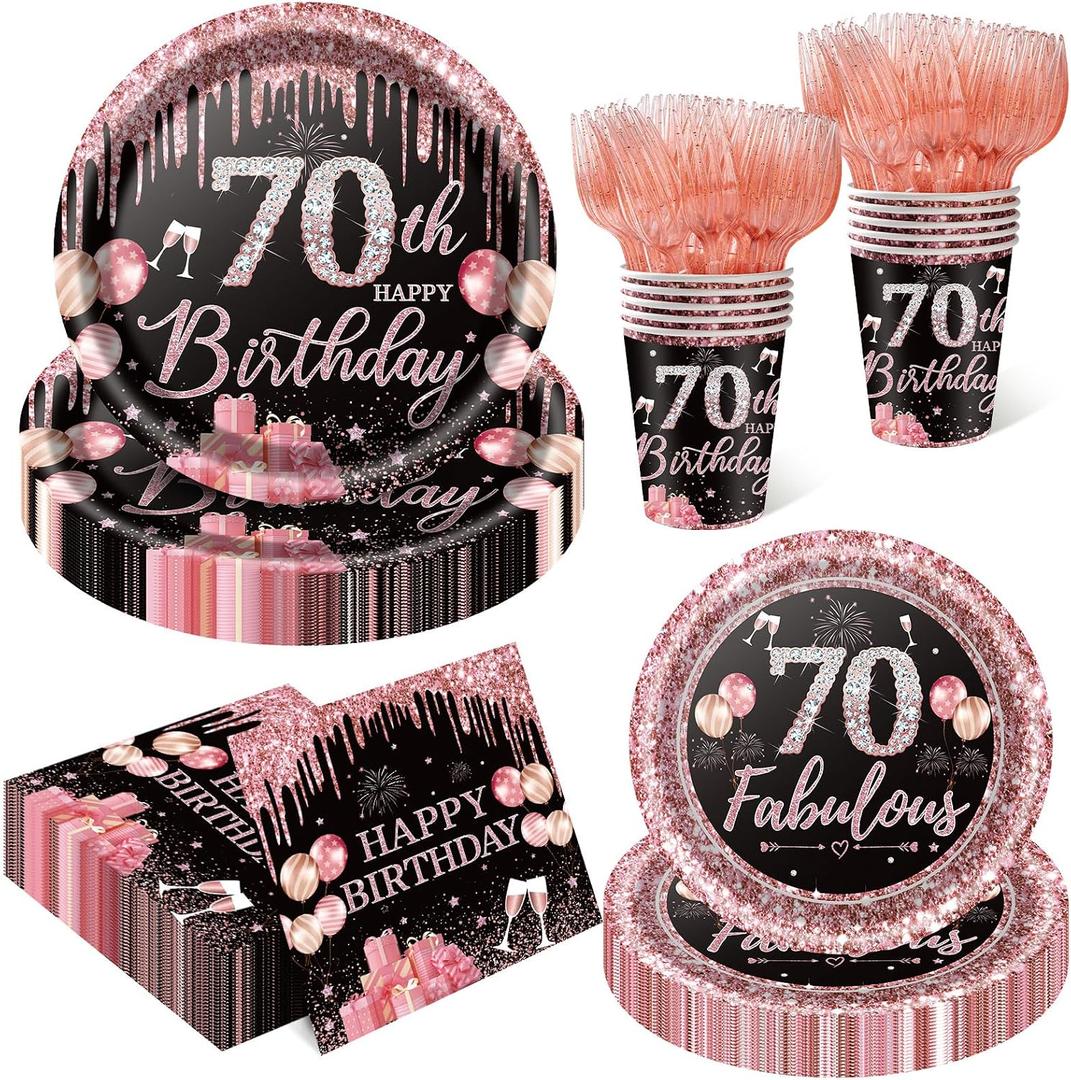 250PCS 70th Birthday Party Decorations for 50 Guests Black and Rose Gold Party Supplies for Women Include Disposable Paper Plates, Napkins, Cups, and Disposable Plastic Cutlery (70)