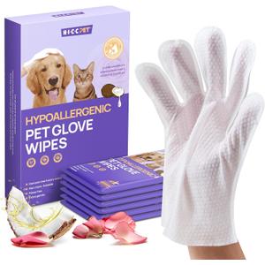 HICC PET Cleaning Deodorizing Glove Wipes for Dogs & Cats, Vet Recommended Hypoallergenic Pet Cleaning and Hydrating Glove Wipes, Nourish Fur Coconut Oil Pet Bathing Wipes for Horse Coat Care