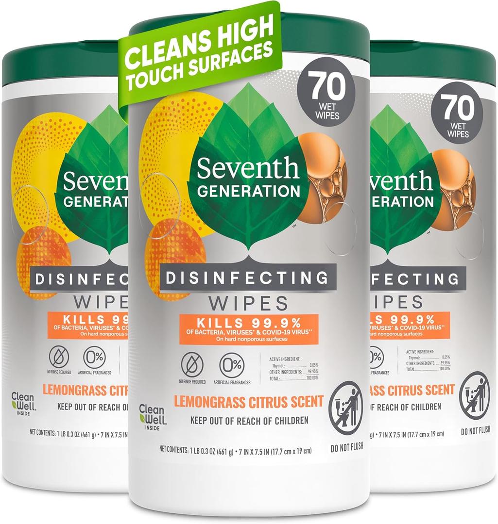 Seventh Generation Disinfecting MultiSurface Wipes, Lemongrass Citrus, 70 Count, Pack of 3 