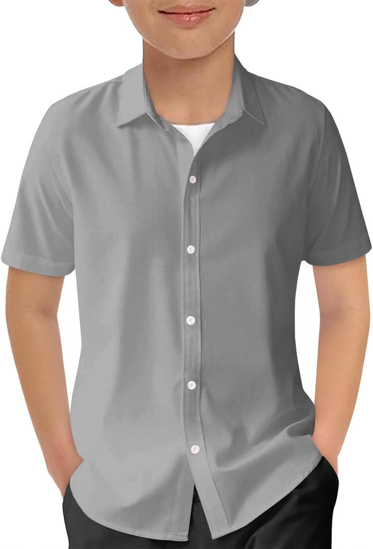 Haloumoning Boys Short Sleeve Dress Shirts Kids Summer School Uniform Button Down Shirt (11-12 Years, Gray)