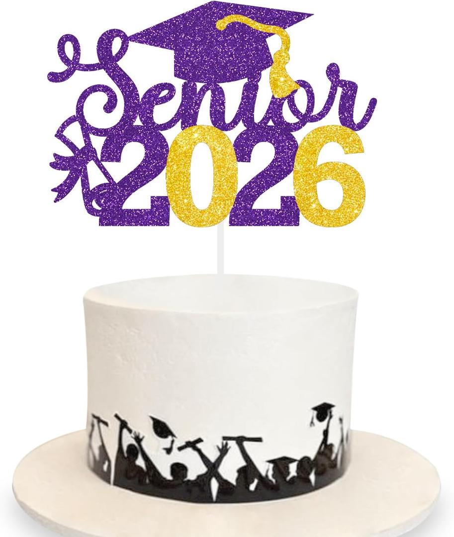3 x Senior 2026 Graduation Decoration Cake Topper Glitter Grad Sticks Congratulations Ideas Purple Gold