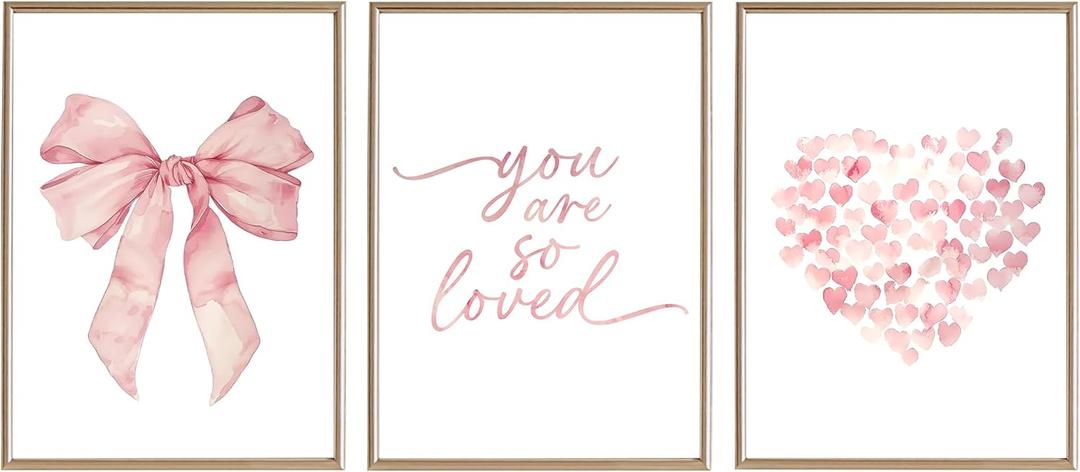 3Pcs Girly Wall Art, Bow Posters, Preppy Teen Girl Decor, Inspirational Verses Love Printing Artwork, Pink Bow Wall Art Prints for Teen Girls Bedroom Nursery Home Decoration, unframe 1624'' (24L"x16W")