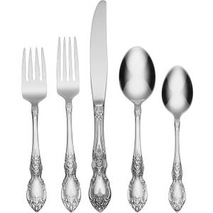 Oneida Silverware Set For 8, Wordsworth 45-Piece with Serving Utensils, Service For 8, Ornate Pattern, Mirror Finish, 18/0 Stainless Steel, Dishwasher Safe, Knives Spoons and Forks (Silver, 45 Pieces)