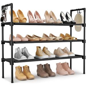 LANTEFUL 3 Tier Shoe Rack for Closet Shoe Organizer with 5 Hooks, Long Shoe Shelf Storage for Shoe and Boot Stackable Free Standing Shoe Rack for Entryway, Garage, Small Spaces, Dorm, Brown