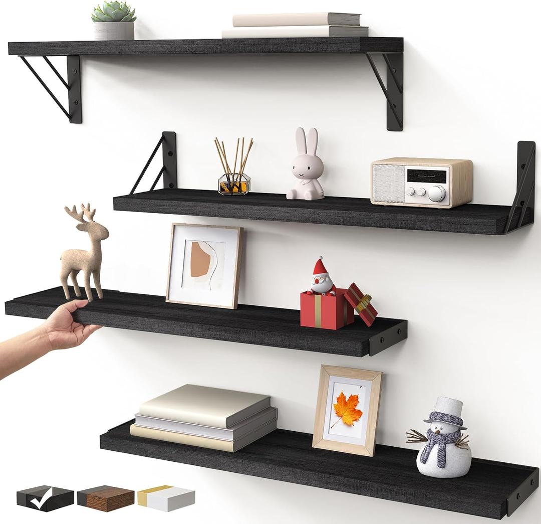 BAYKA Wall Mounted Floating Shelves, Wood Floating Wall Shelf for Books & Decor, Small Space-Saving Display & OrganizerBlack23inSet of 4