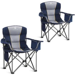 ALPHA CAMP Oversized Camping Folding Chair Heavy Duty with Cooler Bag Support 450 LBS Steel Frame Collapsible Padded Arm Quad Lumbar Back Chair Portable for Lawn Outdoor,Blue