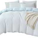 Comforter Queen Set Light Blue Striped Soft Luxury Washed Microfiber Jacquard 3 Pieces Bedding, White Light Blue Vertical Ticking Stripes Comforter with 2 Pillowcases Breathable Durable Comfy