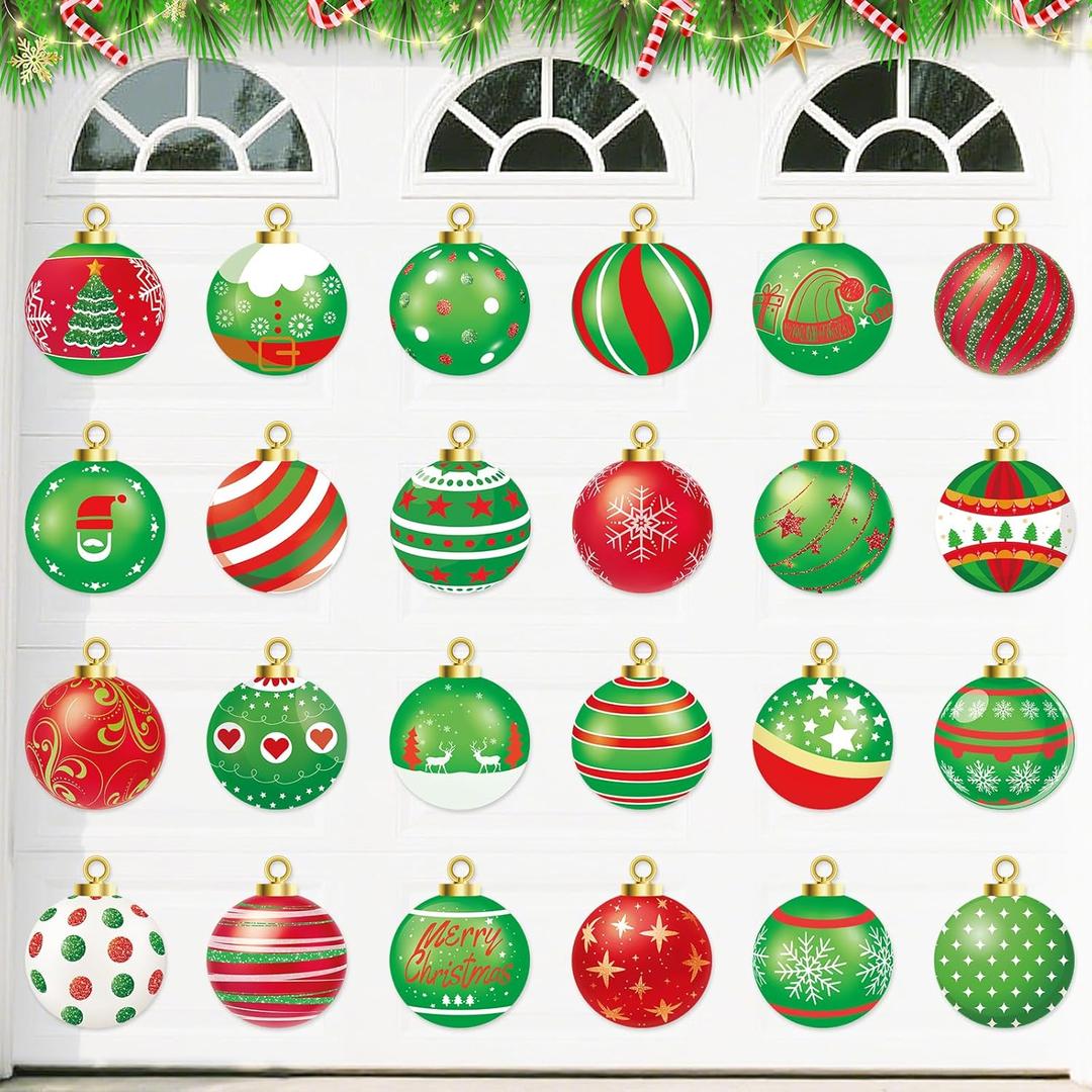 Garage Door Christmas Decorations, 24PCS Large Merry Xmas Balls Magnets for Outdoor, Magnetic Holiday Decor for Garage, Car, Refrigerator, Mailbox (Green Red Balls)