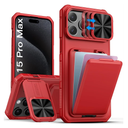 SSLOTSCASE for iPhone 15 Pro Max Case with Credit Card Holder & Stand & Slide Lens Cover & Kickstand, Multi Functional Wallet Sturdy Protective Phone Case Cover for iPhone 15 Pro Max 6.7'' 2023, Red