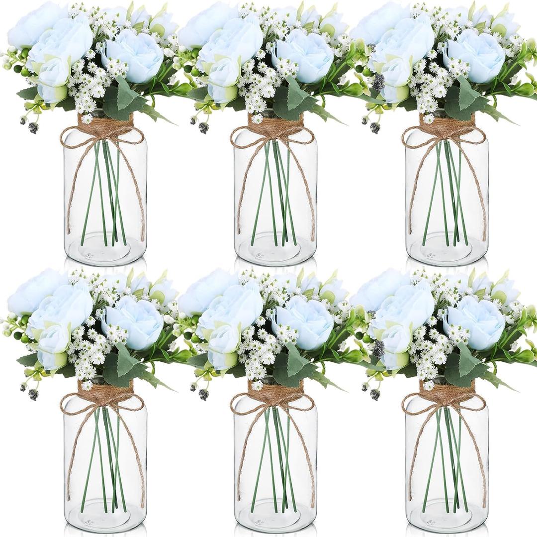 Zeyune 6 Sets Mason Jar Table Centerpiece with Artificial Peony Baby's Breath Flower Centerpieces Faux Flowers with Rope for Wedding Reception Engagement Bridal Shower Rustic Table Decor(Blue)