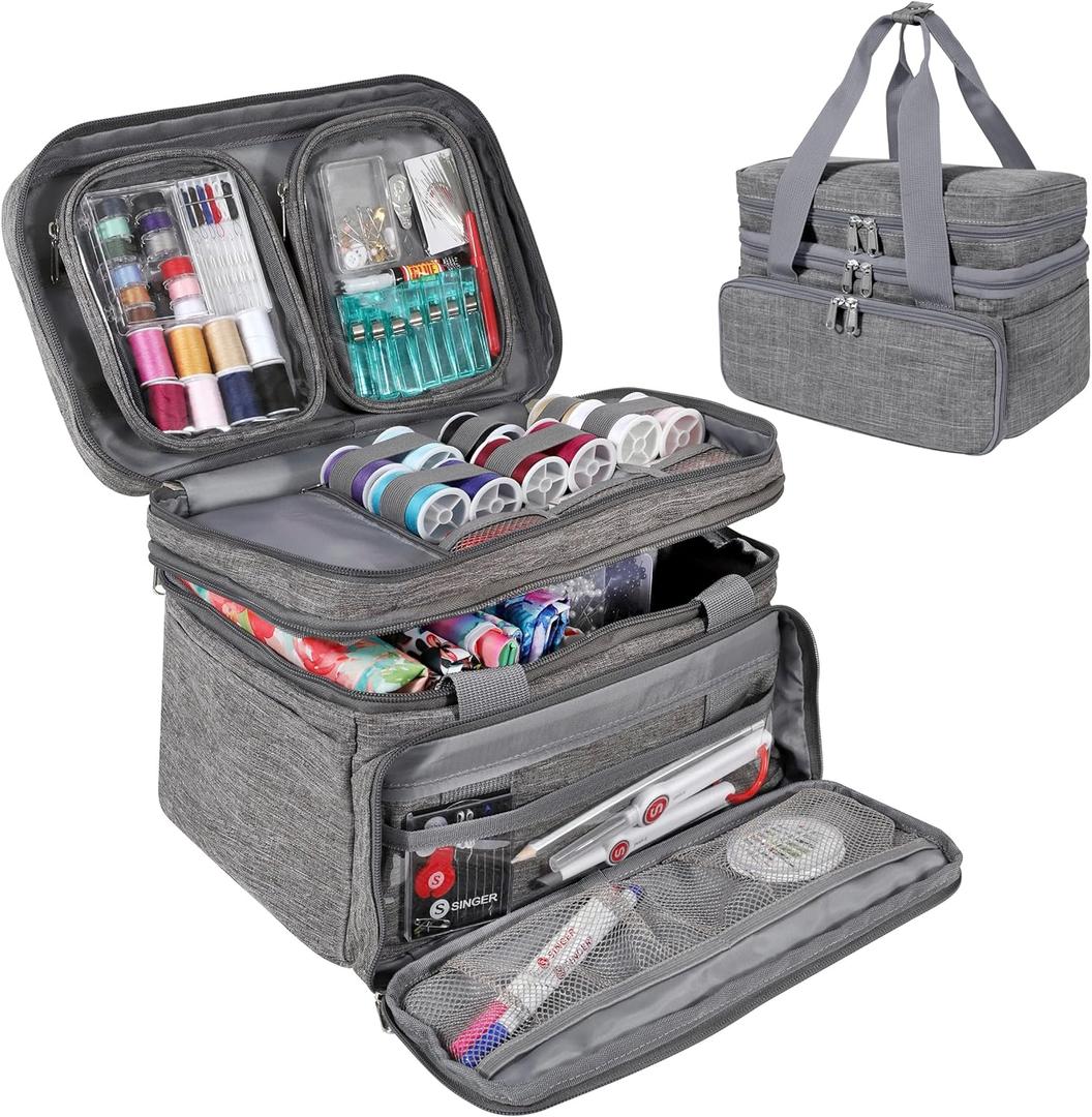 SINGER Sewing Accessories Organizer (Bag Only)  Double Layer Portable Sewing Storage Bag | 2 Detachable Pouches and 18 Compartments, Large Sewing Supplies & Crafting Carry-all (Gray)