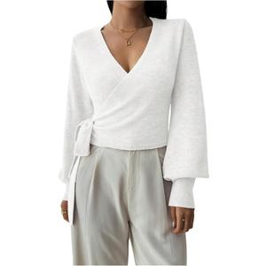 SHENHE Women's Casual V Neck Wrap Sweater Pullover Long Sleeve Slim Fit Knit Crop Top Sweater (Medium, White)