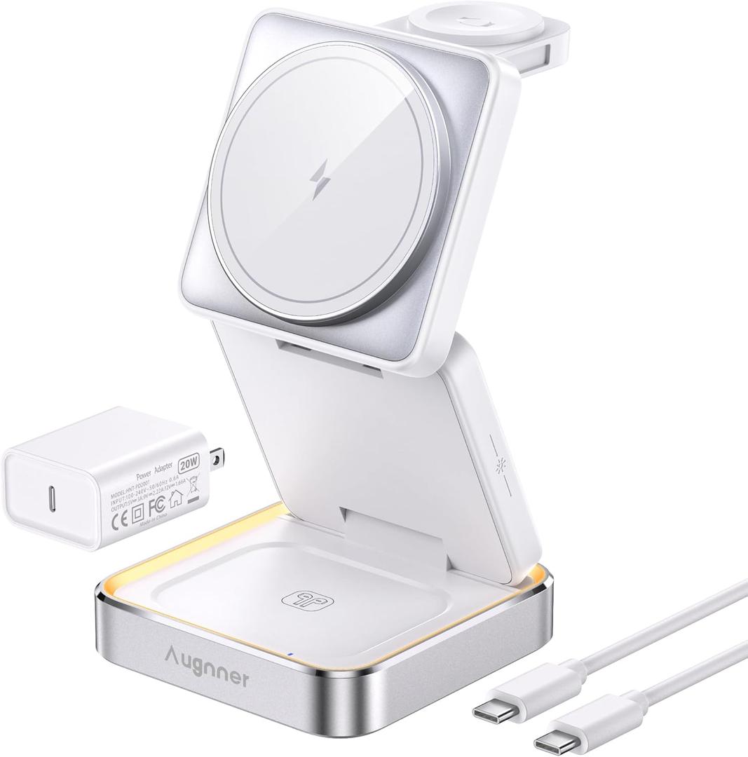 2025 UpgradedWireless Charger 3 in 1, Foldable Wireless Charging Station with Light for Apple MagSafe Charger, Travel Magnetic Charger for iPhone 17/16/15/14/13/12 Apple Watch AirPods (20W Adapter) (white)